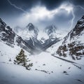 Snow-covered mountain landscape with a dramatic sky, featuring lightning strikes Royalty Free Stock Photo