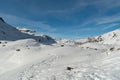 Snow covered mountain panorama on the Julier pass in Switzerland