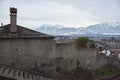 Snow-covered mountain range seen from Castle Thun, Switzerland, Europe Royalty Free Stock Photo