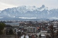 Snow-covered mountain range and Thun town seen from Castle Thun, Switzerland, Europe Royalty Free Stock Photo