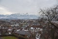 Snow-covered mountain range and Thun town seen from Castle Thun, Switzerland, Europe Royalty Free Stock Photo