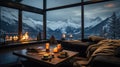 snow-covered mountain view, panoramic windows. An ideal home with a panoramic view of the snow-capped mountains. generative Royalty Free Stock Photo
