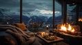 , snow-covered mountain view, panoramic windows. An ideal home with a panoramic view of the snow-capped mountains. generative Royalty Free Stock Photo