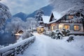 a snow-covered mountain village with houses with cozy lights burning in the windows Royalty Free Stock Photo