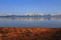 Light Frost on Red Sand Beach at Zephyr Cove at Sunrise, Lake Tahoe, Nevada, Sierra Nevada, USA Royalty Free Stock Photo