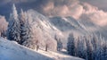 Snow-covered mountains and frosted trees glow softly Royalty Free Stock Photo