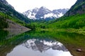 Snow Covered Mountains, Green Trees, Lake and Reflection. Royalty Free Stock Photo