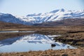 Quiet road runs beside lake reflecting Iceland`s snow covered mo