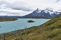 Snow covered mountains with the light blue ocean in front in Torres del Paine National Park in Chile, Patagonia Royalty Free Stock Photo