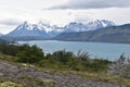 Snow covered mountains with the light blue ocean in front in Torres del Paine National Park in Chile, Patagonia Royalty Free Stock Photo