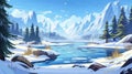 Snow-covered mountains, melting snow, and ice floating in a river in winter or spring. Modern illustration of nature Royalty Free Stock Photo