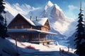 snow-covered mountains and winter chalet with bright windows