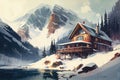 snow-covered mountains and winter chalet with bright windows