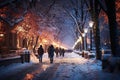 Snow covered night city street with illumination in winter on New Year\'s Eve, AI Generated