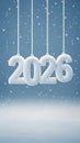 Snow-Covered 2026 Numbers Hanging Against Blue Winter Background Royalty Free Stock Photo