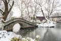 Snow covered old bridge and pavilion Royalty Free Stock Photo