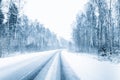 Snow-covered Open Road During A Snowstorm In Winter. Adverse Weather Conditions.