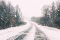 Snow-covered Open Road During A Winter Snowstorm. Adverse Weather