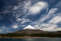 Osorno Volcano, a conical stratovolcano with dramatic cloudy blue sky in Los Lagos Region, Patagonia, Chile