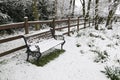 Snow covered park bench. Royalty Free Stock Photo