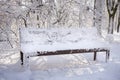 Snow-covered park bench during winter. A sunny winter day. Snow-covered city park, snowfall. Royalty Free Stock Photo