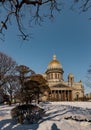 Snow-covered Park in front of St. Isaac's Cathedral in St. Petersburg - Russia in the spring sun Royalty Free Stock Photo