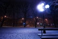 Snow-covered park in light of street lamps, Paris