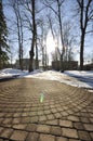 Snow-covered park with melted footpath. Beautiful winter landscape in the city. Decorative streetlamps and park benches in a row