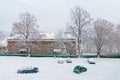 Snow covered parking lot, cars under Royalty Free Stock Photo