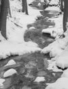 Snow covered partly frozen forest water stream creek, black and Royalty Free Stock Photo