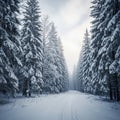 Snow-covered path through a dense forest Royalty Free Stock Photo
