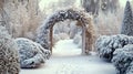 Snow-Covered Pathway Leading Through a Snowy Winter Garden with an Archway Royalty Free Stock Photo