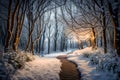 A snow-covered pathway through the woods with a soft, magical glow from hidden fairy lights