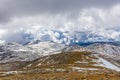 Snow covered peaks and yellow grass under clouds. Australian Alp Royalty Free Stock Photo