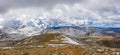 Snow covered peaks and yellow grass under clouds. Australian Alp Royalty Free Stock Photo