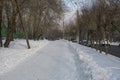 Snow-covered pedestrian sidewalk along the city road in winter. Royalty Free Stock Photo