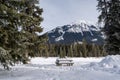 Snow covered picnic table at a rest stop in Kootenay National Park, British Columbia Canada in winter Royalty Free Stock Photo