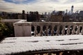 Snow Covered Picnic Table & New-York Skyline Royalty Free Stock Photo