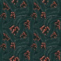 Snow-covered pine branches and red berries. Seamless pattern on a green background. Winter elements Royalty Free Stock Photo