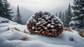 Pine Cone Covered in Snow Amongst the Winter Forest Landscape Royalty Free Stock Photo