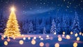 Glowing Christmas tree in a snowy pine forest at night with magical bokeh lights. Royalty Free Stock Photo