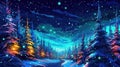 Snow covered pine trees with a snow falling. Forest taiga on a moonlit night. Snowstorm and blizzard. Generative AI. Illustration