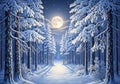Snow-covered pine trees line a pathway under a full moon, creating Royalty Free Stock Photo
