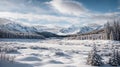 Snow-Covered Pine Trees and Majestic Mountain Range on a Clear Winter Day. Generative AI. Royalty Free Stock Photo