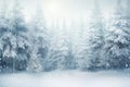 Snow covered pine trees standing at the edge of a winter forest under heavy snowfall