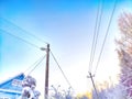 Snow-covered pole and wires and branches of trees covered with snow against blue sky. Dangerous frozen electrical wires