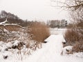 Snow covered pontoon near lake with reeds frozen winter day