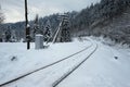 Snow covered railroad tracks near pine forest in the Carpathian mountains Royalty Free Stock Photo