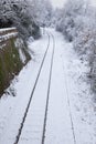 Snow Covered Railway Tracks and Stop Light Royalty Free Stock Photo