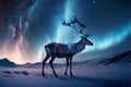 Snow covered reindeer in icy snowy desert with northern lights in the sky AI generated content Royalty Free Stock Photo